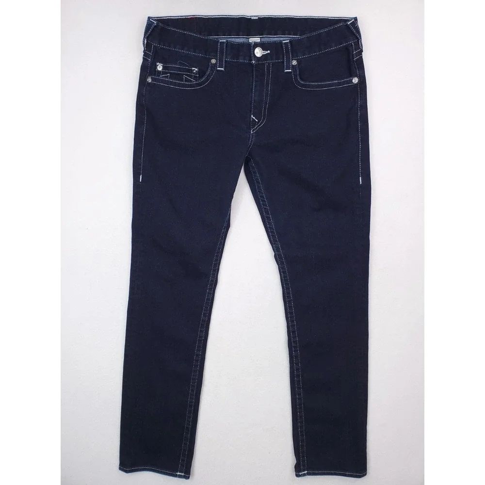 True Religion Jeans Mens 38x34 Blue Slim Straight Stretch Denim Dark Wash